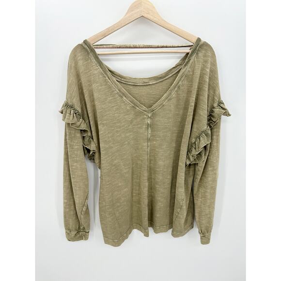 Pilcro Anthropologie Top Women Medium Moss Green Ruffled Open Back Tunic Tee - Picture 2 of 9
